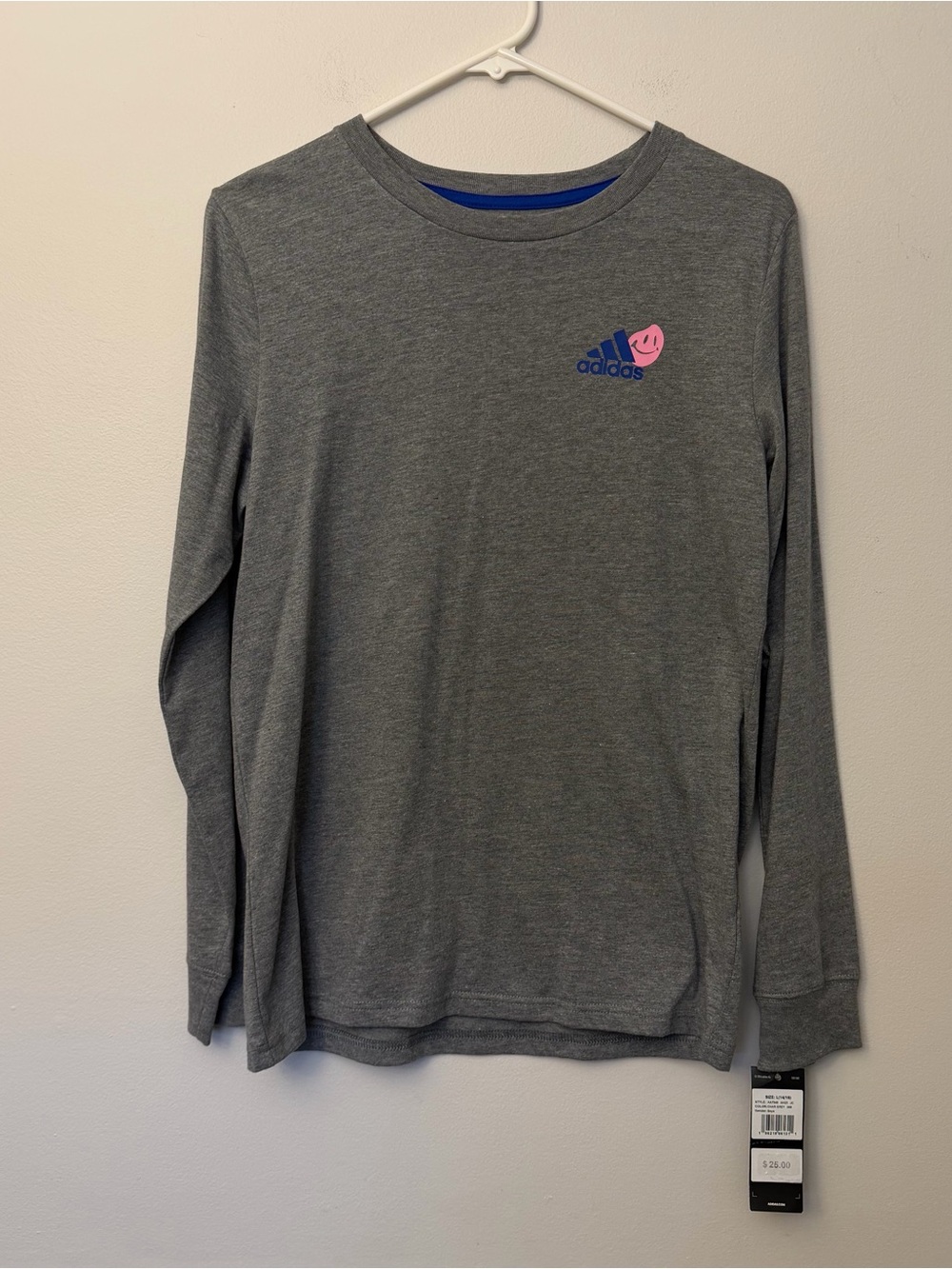Adidas Positivitee Long Sleeve Gray Tee Blue Logo & Pink Smiley boys 14/16 L NWT